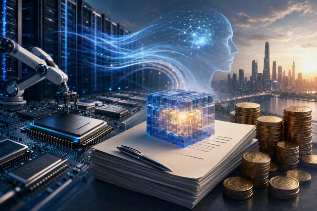 Editorial illustration representing Tencent’s AI infrastructure and memory-chip procurement