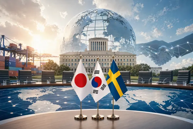 Editorial illustration representing global trade negotiations and WTO reform discussions after the MC14 conference