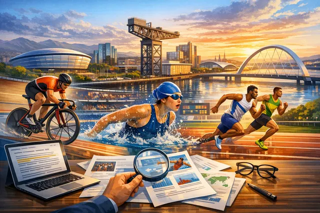 Swimmers competing in the 100m breaststroke final at the Tollcross International Swimming Centre during Day 2 of the 2026 Commonwealth Games in Glasgow