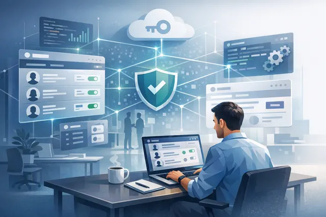 Illustration of an AI workspace administration dashboard connecting ChatGPT Work, Codex, usage analytics, permissions, and automated approvals