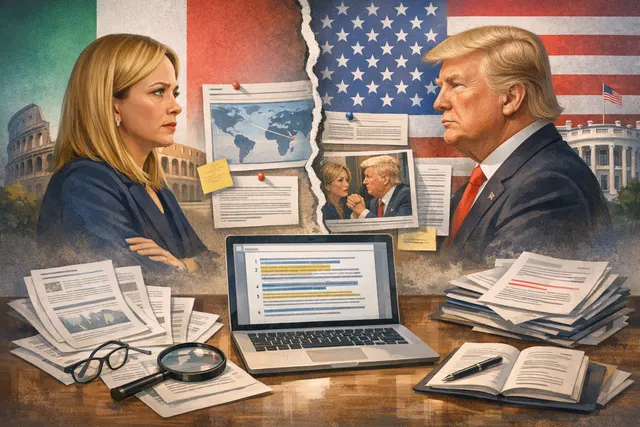 A conceptual image showing G7 leaders in discussion, with an emphasis on diplomatic tension between Italy and the United States