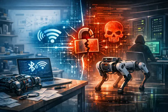 Editorial illustration of a Unitree G1 humanoid robot with Bluetooth and cybersecurity warning elements