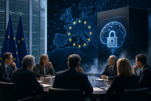 Illustration representing the EU–Anthropic dispute over access to the Mythos cybersecurity AI model