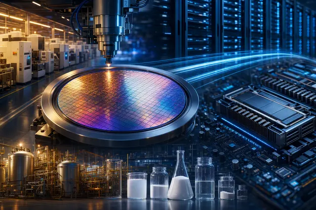 Illustration of advanced semiconductor wafers and AI data-center infrastructure