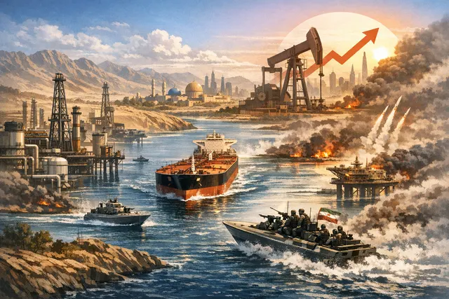 A conceptual illustration of oil tankers navigating a narrow strait with a digital data overlay showing recovery graphs and percentage growth figures for 2027.