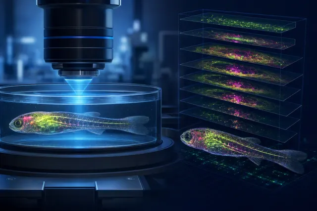 Illustration of whole-body fluorescence imaging in a larval zebrafish