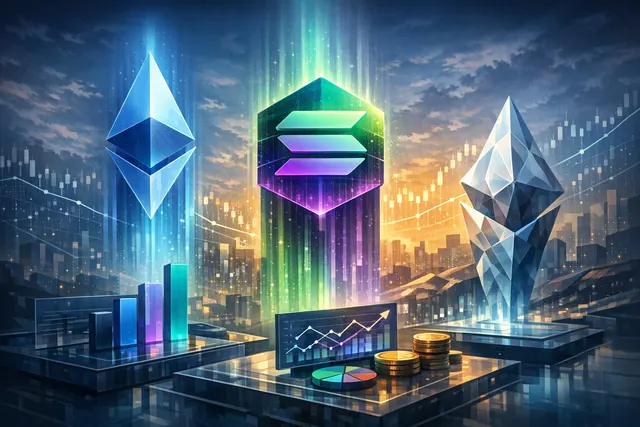 Side-by-side comparison chart of Solana and Ethereum blockchain metrics: revenue, transactions per second, fees, and active users