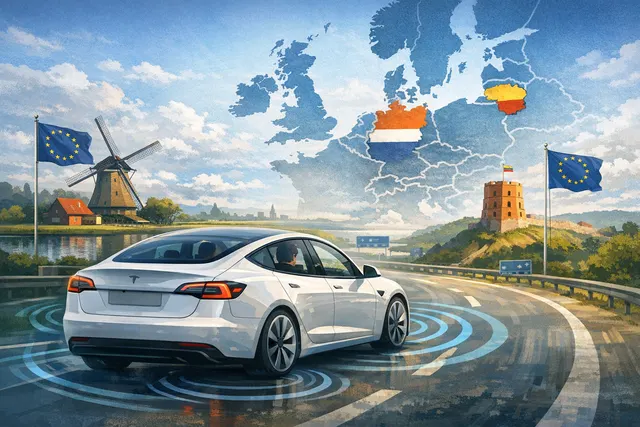 A Tesla electric vehicle with Full Self-Driving visualization on a European road, representing FSD approval progress in the EU.