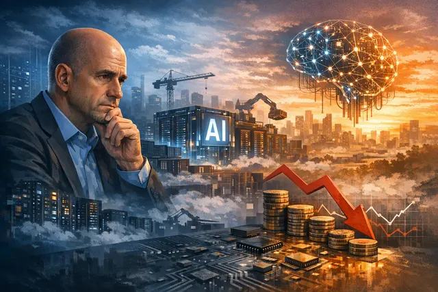 Illustration of a digital bull and bear pulling apart a dollar sign, representing the debate over AI investment returns.