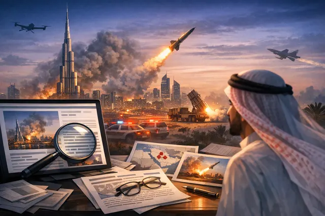 Dubai skyline at dusk with a smartphone displaying an emergency missile alert notification.