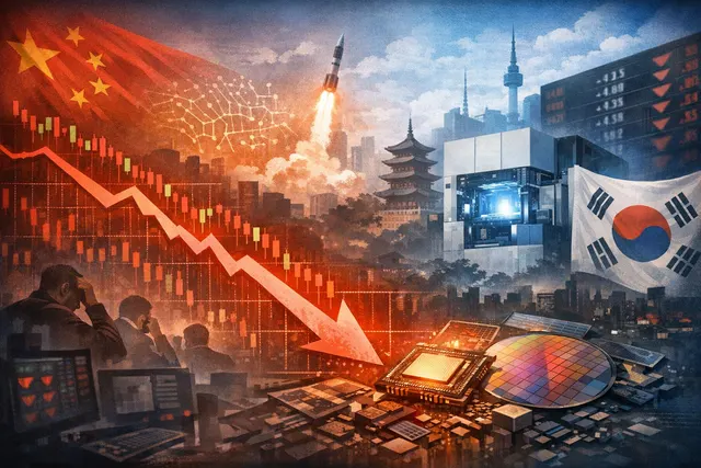 Illustration of stock market charts in red decline with semiconductor chip icons and Chinese and South Korean flags, representing the global semiconductor selloff of late July 2026