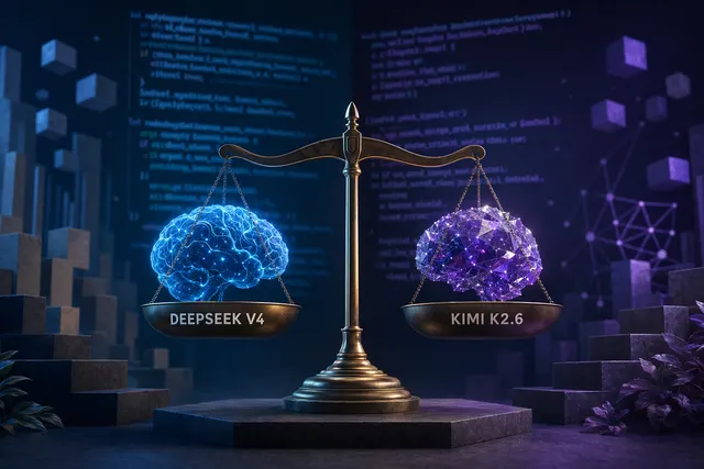 DeepSeek V4와 Kimi K2.6의 코딩, 콘텐츠, 번역 벤치마크를 비교하는 추상적 AI 그래픽