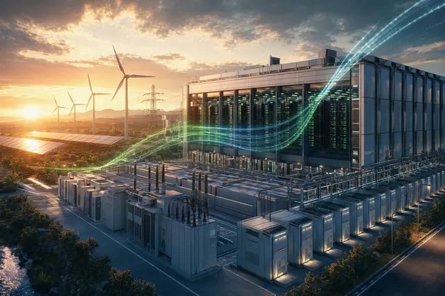 Illustration of a large AI data center campus with server halls and power infrastructure