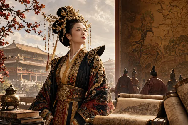 AI-generated editorial image representing Wu Zetian, China’s only woman to rule in her own name as emperor.