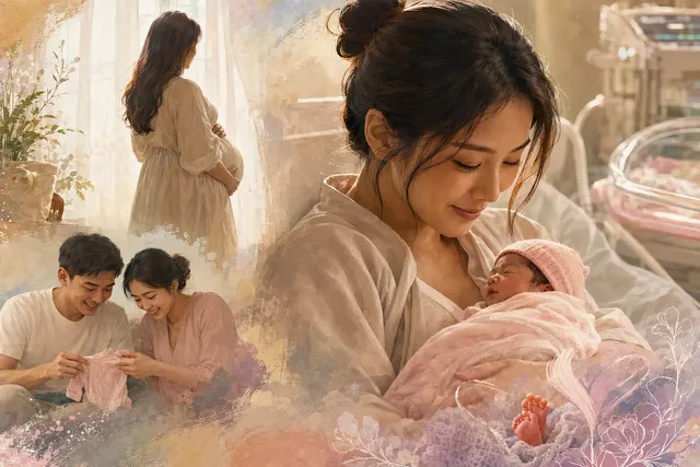 AI-generated editorial illustration accompanying a report on Apple Chan’s daughter’s early birth; not a photograph of the family