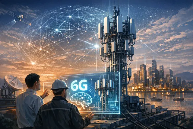 Abstract illustration of a 6G cellular tower integrated with AI processing chips and data flow, representing AI-RAN base stations