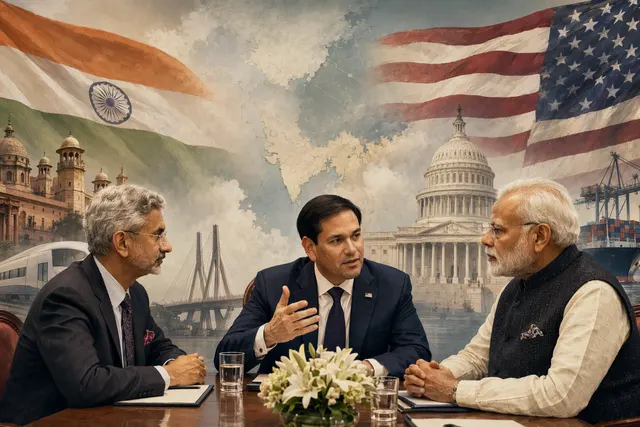 Illustration of diplomatic meeting between United States and India leaders symbolizing Rubio’s 2026 visit and bilateral talks