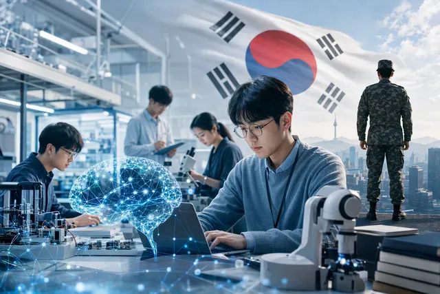 AI-generated editorial illustration accompanying a report on South Korea’s research-based military-service program for AI researchers