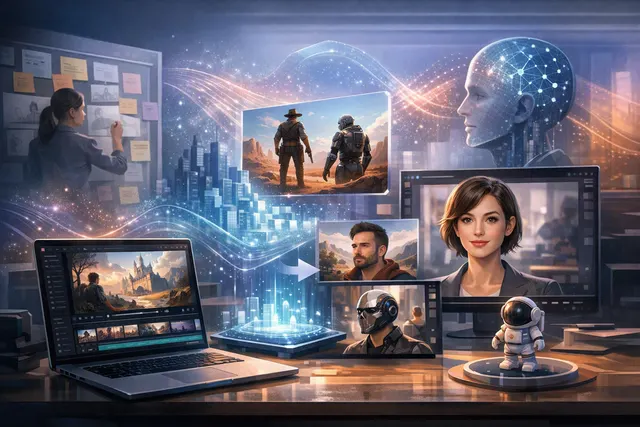 Editorial illustration of AI story generation, character views, avatar templates, and video editing in HitPaw Edimakor V5.2.0