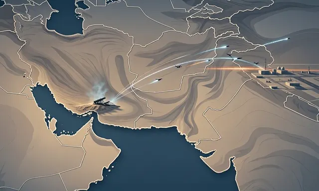 Editorial illustration of missiles and drones over the Strait of Hormuz during the U.S.-Iran escalation