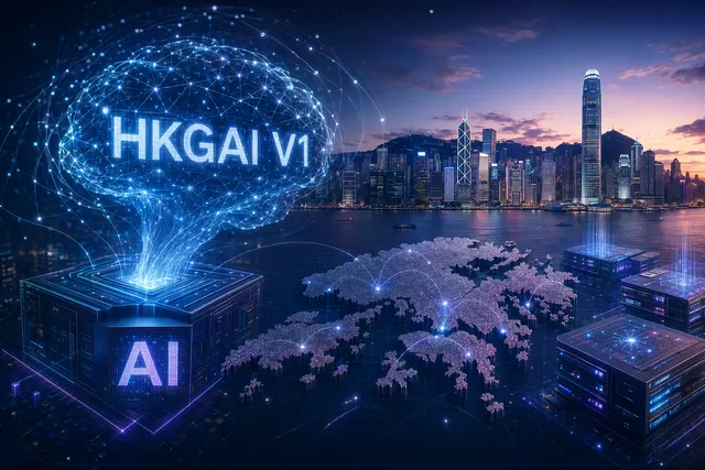 香港天際線與 AI 網絡元素的概念圖，象徵 HKGAI V1 與本地 AI 生態發展