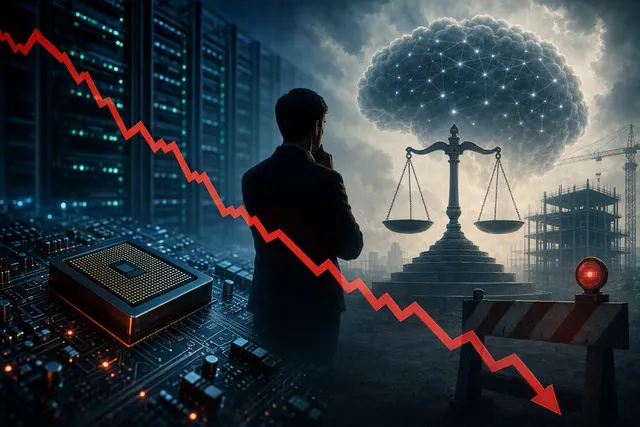 Editorial illustration of semiconductor and AI market volatility following calls to pace frontier AI development