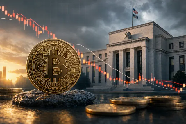 Bitcoin price chart and Federal Reserve imagery illustrating Bitcoin’s pullback ahead of the September policy decision