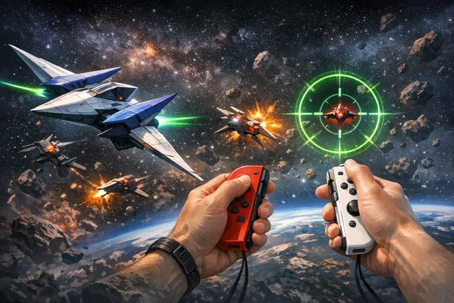 A hero image for the Star Fox remake on Nintendo Switch 2, featuring Fox McCloud and an Arwing fighter.