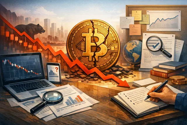 A Bitcoin bear market analysis chart showing a downward trend line and a magnifying glass overlaid on a digital screen with on-chain data metrics.
