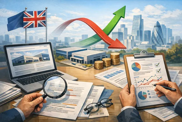 Illustration of a logistics warehouse and financial charts representing Prologis's £14 billion takeover bid for Segro