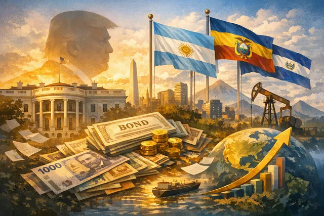 A conceptual image showing US financial influence on emerging market bonds with Argentine, Ecuadorian, and Indian currency symbols on a global map, illustrating the 'Trump premium'