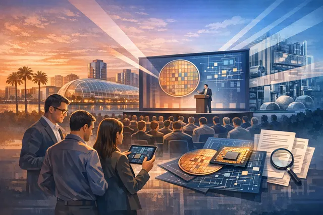 Abstract digital illustration representing semiconductor manufacturing, EDA tools, and advanced chip design nodes with glowing circuit patterns.