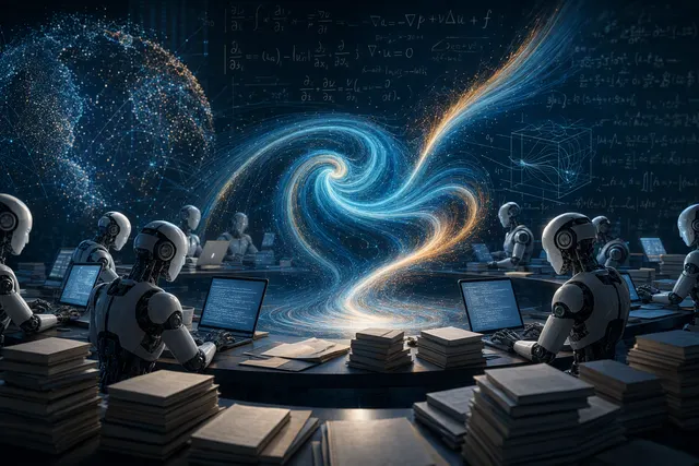 Editorial illustration of AI agents analyzing fluid-dynamics equations