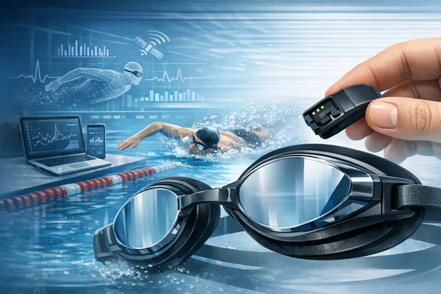 Editorial illustration of Speedo iQ smart swim goggles with a removable sensor module