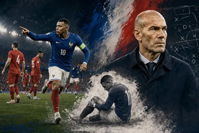 AI-generated editorial illustration accompanying France’s 1–0 win over Türkiye and Mbappé’s injury concern