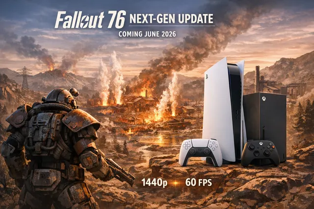 Vault Boy giving a thumbs up in front of a next-gen console and a 4K television displaying a Fallout 76 landscape.