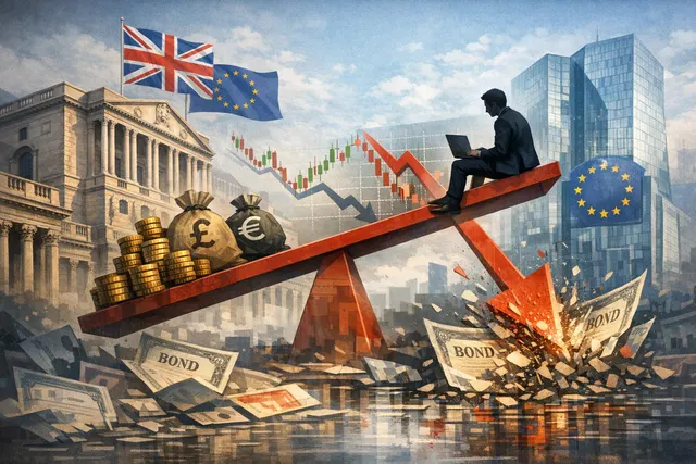 A stylized warning sign over a global financial map, representing systemic risk from leveraged hedge fund bond bets flagged by the Bank of England and ECB.
