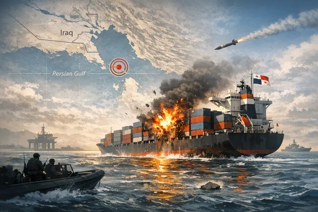 A damaged commercial cargo ship floating near an Iraqi port after a suspected missile strike, captured in a dramatic maritime scene.