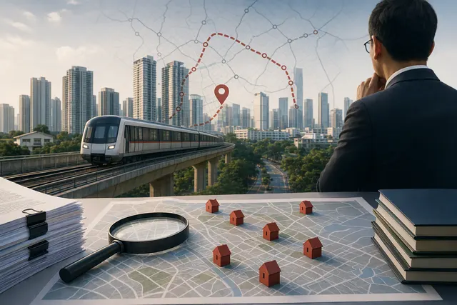 AI-generated editorial illustration accompanying a report on home purchases near future Singapore MRT stations