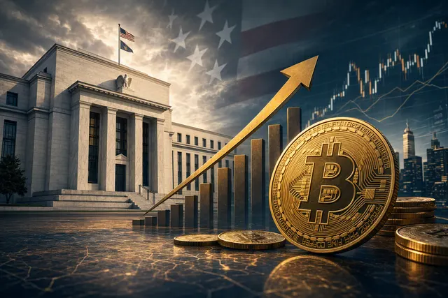 Editorial illustration of Bitcoin and Federal Reserve interest-rate market pressure