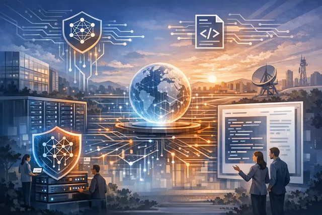 Abstract illustration of two interconnected AI infrastructure layers, representing the Appia Foundation for AI governance and DocLang for AI-native document standards