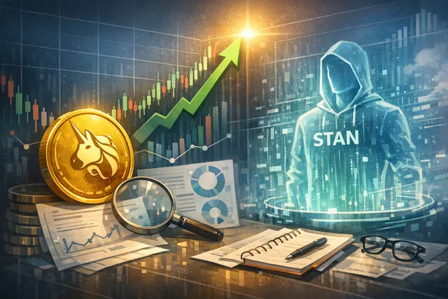 Uniswap UNI token price chart with bullish indicators and Standard Chartered logo