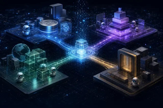 Conceptual diagram of AI agents interacting with payment networks like crypto rails, card networks, and protocol layers