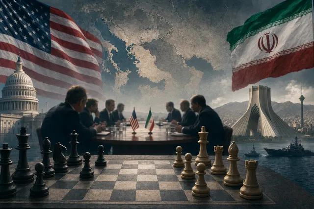Illustration of U.S.–Iran negotiations and naval blockade in the Strait of Hormuz