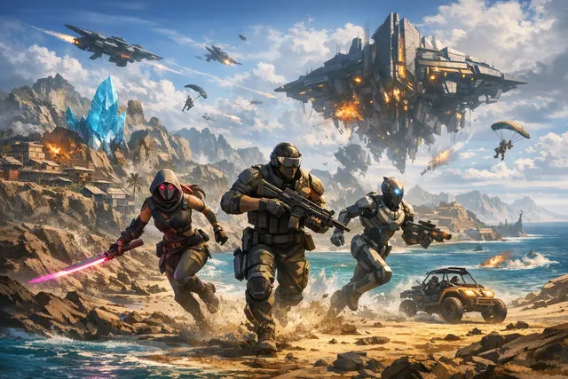 Fortnite Chapter 7 Season 3 Runners tropical island map with new POIs, Sprite characters, and John Wick Battle Pass skins