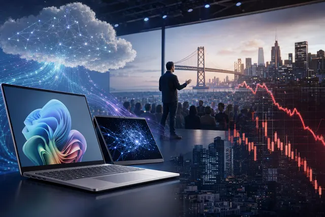 Editorial illustration accompanying Microsoft's shift toward hybrid AI on Windows PCs.