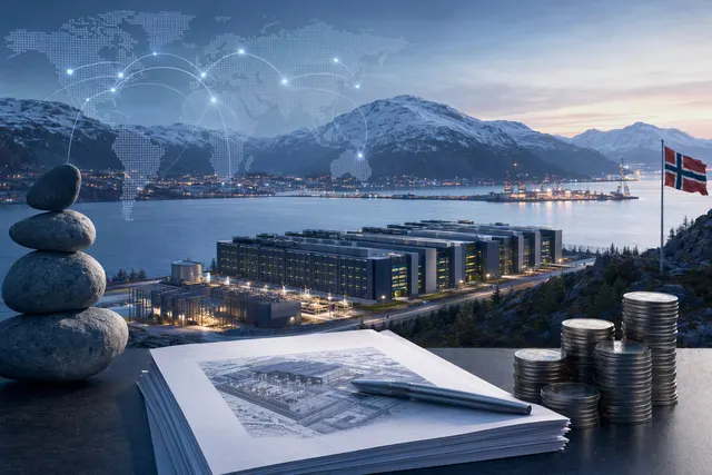 Concept illustration of a large AI data center campus in northern Norway powering thousands of GPUs