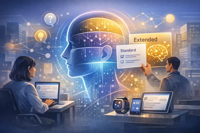 Illustration of a person's hand hovering over a glowing orb labeled 'Standard' and 'Extended', representing Google Gemini's Thinking Levels feature.
