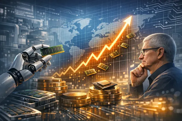 Tim Cook on stage with the text 'RAMageddon' and 'Price Hikes' overlaid on a backdrop of memory chips and Apple products