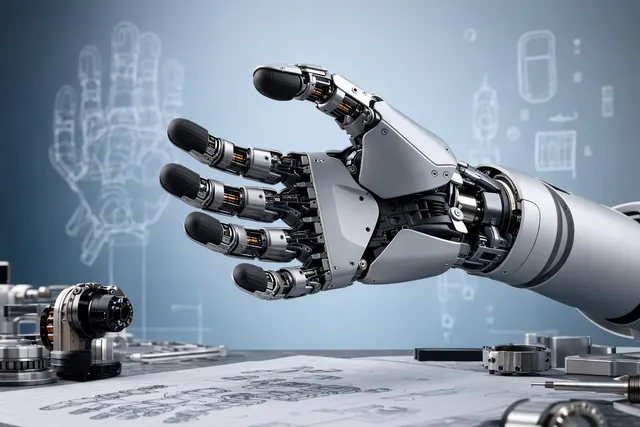 AI-generated editorial illustration accompanying an article about Unitree’s Dex5-S robotic hand